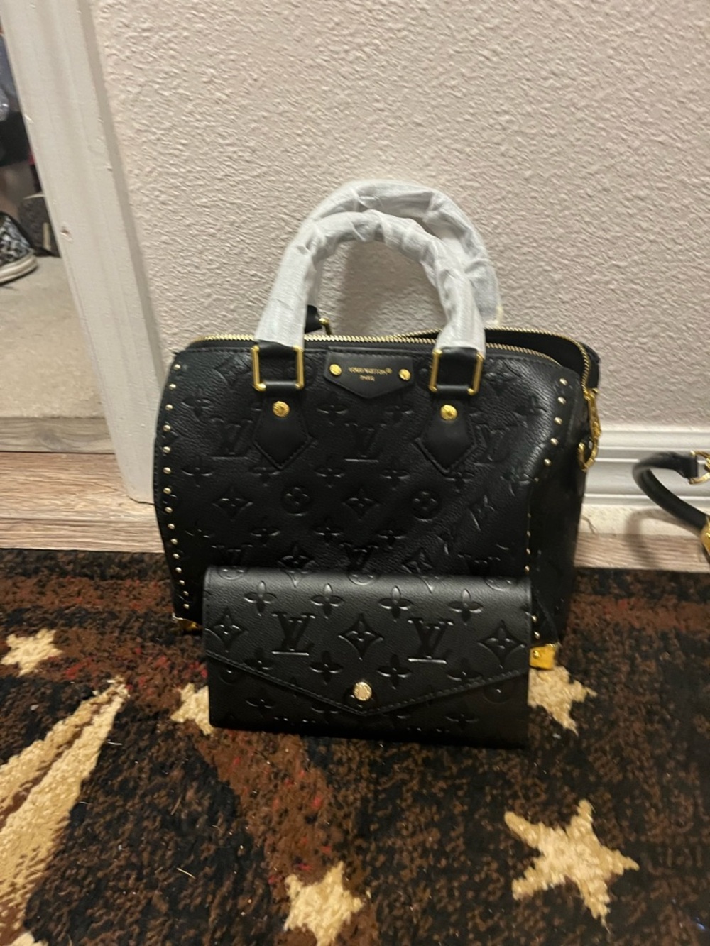 Louis Vuitton Black Embossed Satchel with Matching Wallet